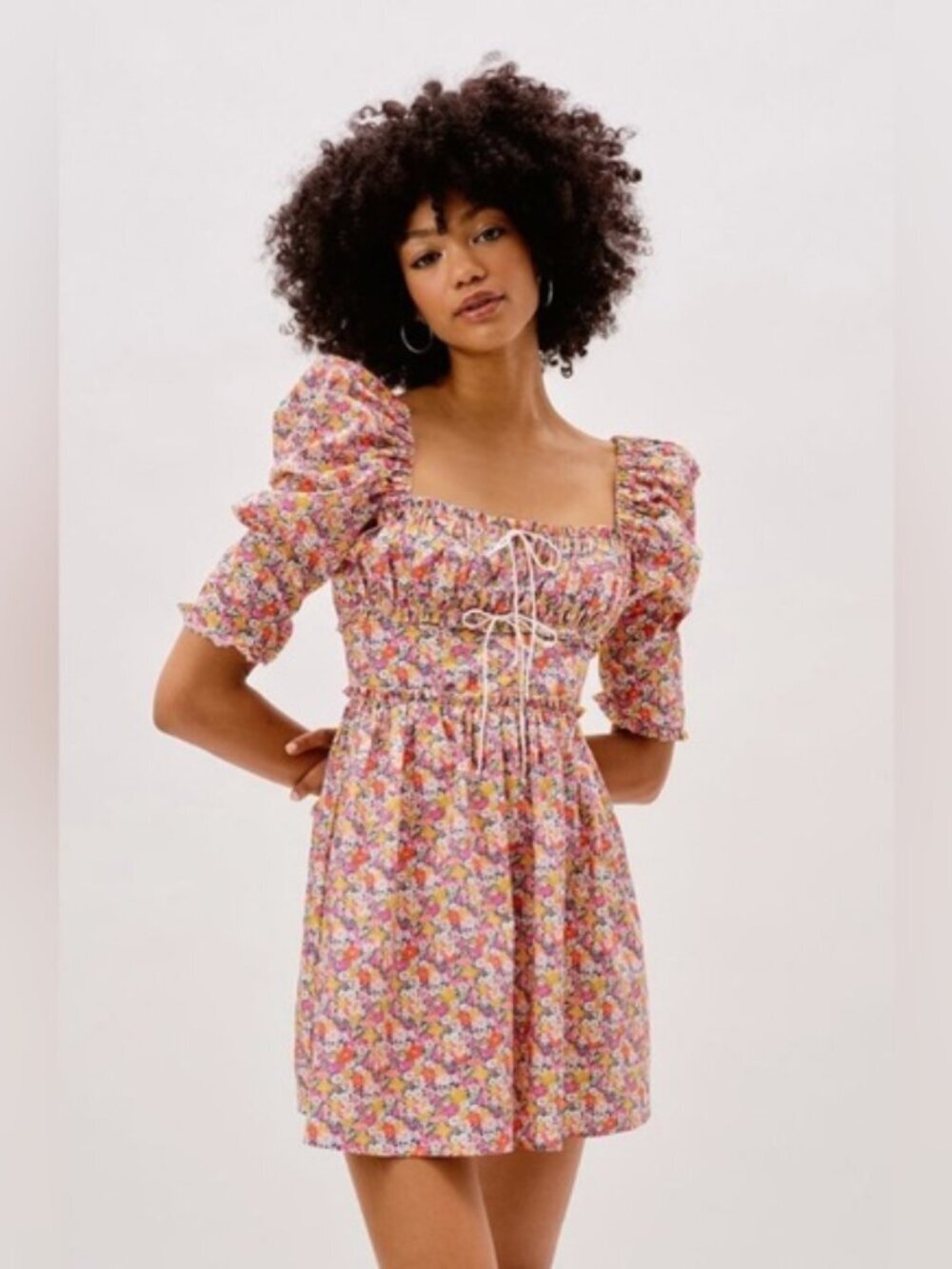 For Love & Lemons Libby Mini Dress Puff Sleeve Cottagecore Instagram Dress Med.